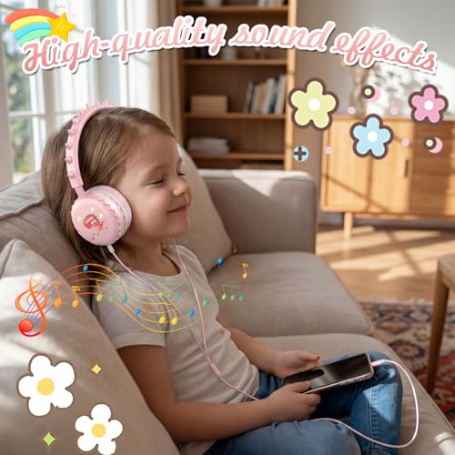 Kids Dinosaur Wired Headphones with Noise Cancelling Pink | Safe 85/94dB Volume Limit, HD Microphone for School, Soft Ear Cups, Pink Headphones for Toddlers & Teens - color: Dinosaur Pink