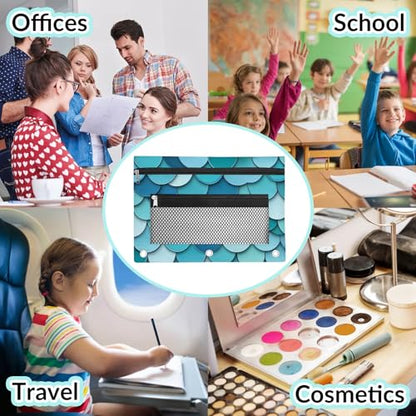 Mermaid Scales Pencil Pouch for 3 Ring Binder Blue Scale Pencil Case Bag with Clear Window Zipper Pockets for Kids Girls Boys Students School College Supplies 2 Pack - color: Blue