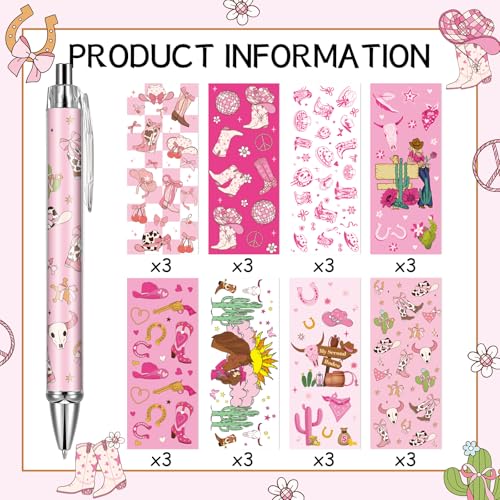 Cowgirl Pink Ballpoint Pens - 24 Pcs Retractable Western Style Girls Gifts Colorful Writing Smooth Cow Pattern Black Ink Ball Point Pen Office Supplies Party Favors for Christmas Graduation - style: Cowgirl