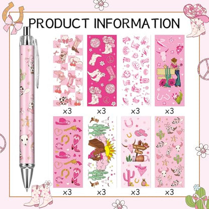 Cowgirl Pink Ballpoint Pens - 24 Pcs Retractable Western Style Girls Gifts Colorful Writing Smooth Cow Pattern Black Ink Ball Point Pen Office Supplies Party Favors for Christmas Graduation - style: Cowgirl