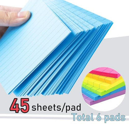 Lined Sticky Notes 4X6 in Bright Ruled Stickies Colorful Super Sticking Power Memo Pads, 45 Sheets/pad, 6 Pads/Pack (Pack of 2) - size: 4x6 in (Pack of 2)