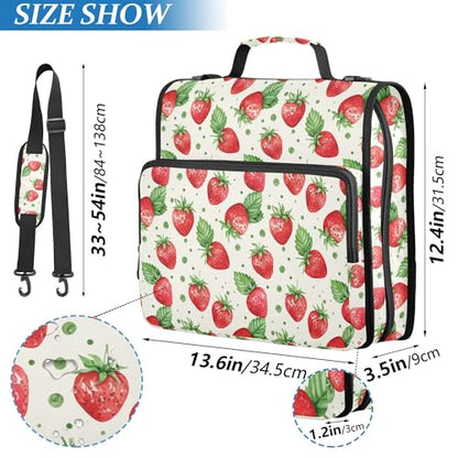 Cute Strawberry Zipper Binder 3 Ring with Shoulder Strap, Multiple Pockets Expanding File Folder Binder Bag Organizer