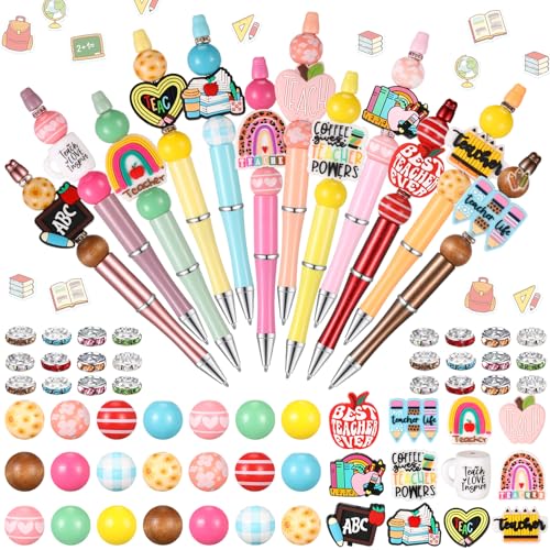 Geyee 12 Set Beadable Pens Assorted Bead Pens Wood Crystal Round Spacer Set Black Ink DIY Ballpoint for Women Men Gift Office Supplies (Multicolor,Teacher) - color: Multicolor, style: Teacher