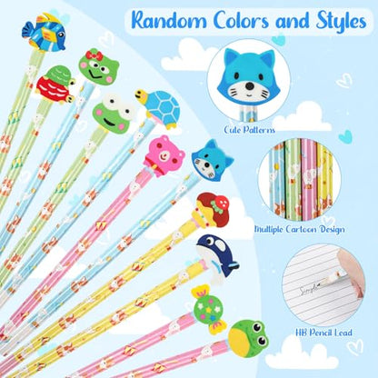DIYASY 50 Pcs Cute Pencils with Eraser Toppers, Cartoon Animal Wood Pencil Bulk Party Favor Supplies Classroom Rewards Prizes Stationery for Kids