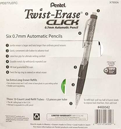 Pentel Twist-Erase Click Mechanical Pencils 0.7mm, HB #2, School Supplies, Teacher Supplies, Drawing Sketching pencils, Assorted Barrel Colors- 6 Mechanical Pencils, 6 Erasers, 3 Tubes of Lead Refills