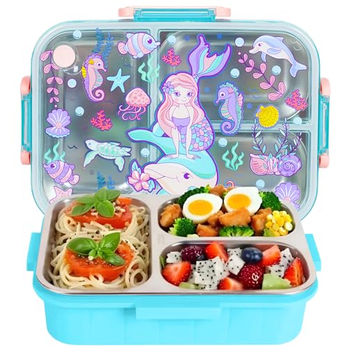 Stainless Steel Bento Lunch Box for Kids, 800ml/27oz BPA-Free Leak-Proof Food Containers with 3 Compartments, Freezer & Dishwasher Safe, Back to School Students Lunches Size for Ages 3-7 - color: B06. Mermaid