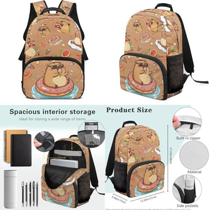 17 Inch Kid's 4PCS Backpack Set, Back to School Essentials | Insulated lunch box, water bottle pouch, pencil case, lightweight, padded shoulder straps, for elementary, middle school - color: Cute Capybara
