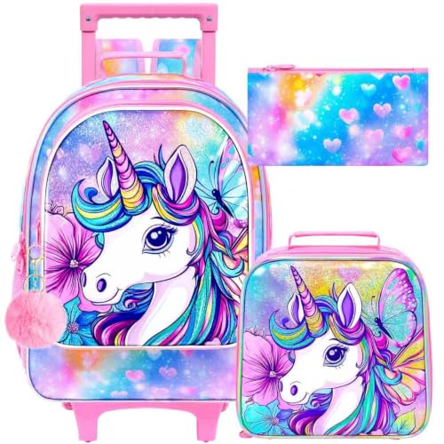 3Pcs Unicorn Rolling Backpack for Girls, Kids Wheel Backpack with Lunch Box, Lightweight Roller Backpack for Elementary Preschool Kindergarten (Pink) - color: Rainbow Unicorn Pink02