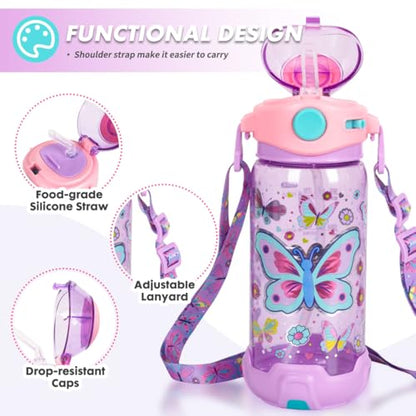 Kids Water Bottle with Straw/Lanyard for School Kids Girls Boys, 22oz BPA Free Child Drinking Water Bottle One-Click-Open Leak-Proof Locking Flip Lid for School Sport Travel - color: H02. Butterfly