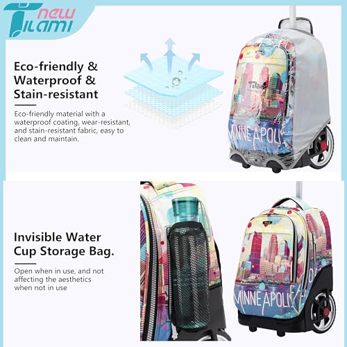 NEW TILAMI 19 Inch Rolling Backpack with Lunch Bag for Girls Boys Wheeled Laptop Backpack Durable Carry-on Bag School Travel, City - color: Yellow City