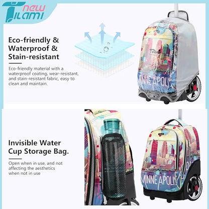 NEW TILAMI 19 Inch Rolling Backpack with Lunch Bag for Girls Boys Wheeled Laptop Backpack Durable Carry-on Bag School Travel, City - color: Yellow City