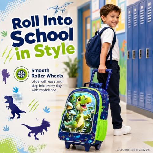 CCJPX 18" Dinosaur Rolling Backpack for Boys, 3Pcs Kids Wheeled Bookbag with Lunch Box, Lightweight Roller School Bag for Elementary Preschool(Green) - color: Green Dinosaur02