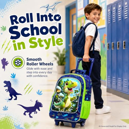 CCJPX 18" Dinosaur Rolling Backpack for Boys, 3Pcs Kids Wheeled Bookbag with Lunch Box, Lightweight Roller School Bag for Elementary Preschool(Green) - color: Green Dinosaur02