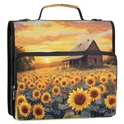 3 Ring Zipper Binder Wooden House Sunflower Binders Bag with Shoulder Strap 500 Sheets Paper Organizer Trapper Keeper Documents Storage File Folder for School Office - color: A496
