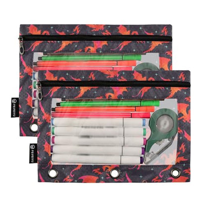 Dragon Fire Black Pencil Pouch for 3 Ring Binder 2 Pcs Binder Pouches with Zipper Pocket Pencil Case Bag with Clear Window for Office Work School Supplies - color: Dragon Fire Black