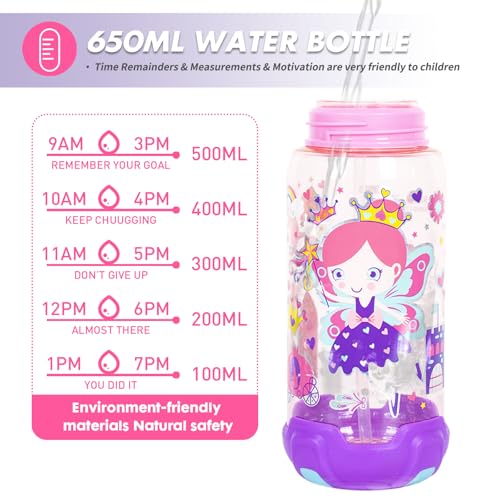 Kids Water Bottle with Straw/Lanyard for School Kids Girls Boys, 22oz BPA Free Child Drinking Water Bottle One-Click-Open Leak-Proof Locking Flip Lid for School Sport Travel - color: H10. Flower Fairy