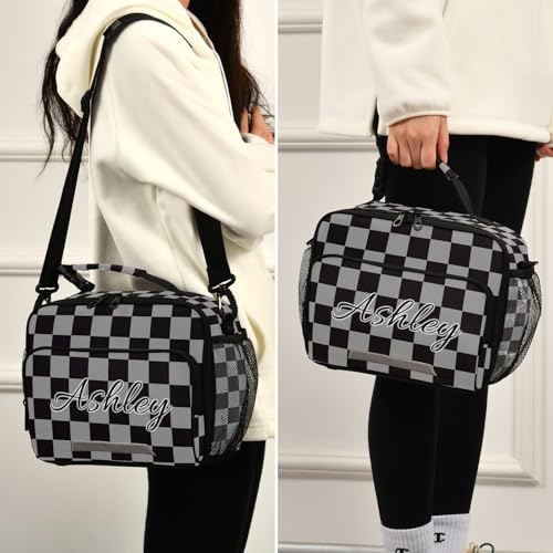 Custom Student Lunch Bag for Boys Girls Gray Black Checkered Personalized Lunch Box With Name Insulated Cooler Bag for School Picnic Travel - color: Multi19