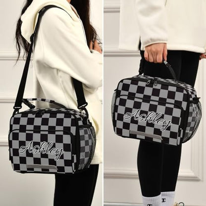 Custom Student Lunch Bag for Boys Girls Gray Black Checkered Personalized Lunch Box With Name Insulated Cooler Bag for School Picnic Travel - color: Multi19