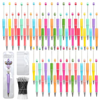 300 Pieces DIY Beadable Pens Kit - 100 plastic Beadable Pens Bulk, Refills & pen bags Included - Beaded Pens Black Ink Ballpoint Cute Pens（Bright） - color: Macaron, size: 100