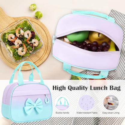 Bevalsa Rolling Backpack for Girls, Roller Backpack with Wheels, Cute Bow Wheeled School Bookbag Set with Lunch Bag & Pen Case, Suitcases for Kids Teens Elementary Middle Student (Purple Green) - color: Purple Green