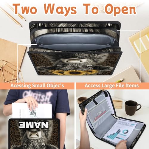 Custom Zipper Binder Leopard Print Highland Cow 3 Ring Binder 1.5 Inch Expanding Pockets File Folder Large Capacity Document Organizer Bag with Handle and Strap - color: Multi 7