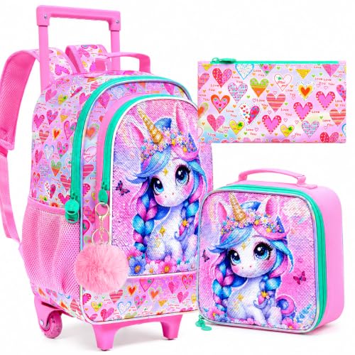 WZLVO 3PCS Kids Wheeled Backpack, 18" Sparkling Unicorn Print Rolling Bookbag for Girls, Includes Matching Lunch Bag & Pencil Bag - Unicorn with Braids (Pink) - color: 3PCS Girls Rolling Backpack - Unicorn with Braids