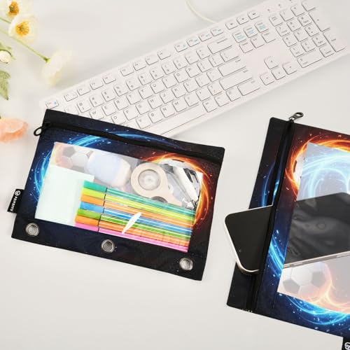 Soccer Ball Black Pencil Pouch for 3 Ring Binder 2 Pcs Pockets Pencil Pouches Bag with Clear Pencil Case Cosmetic Bag for Storing College Office Supplies - color: Soccer Ball Black