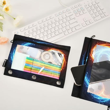 Soccer Ball Black Pencil Pouch for 3 Ring Binder 2 Pcs Pockets Pencil Pouches Bag with Clear Pencil Case Cosmetic Bag for Storing College Office Supplies - color: Soccer Ball Black