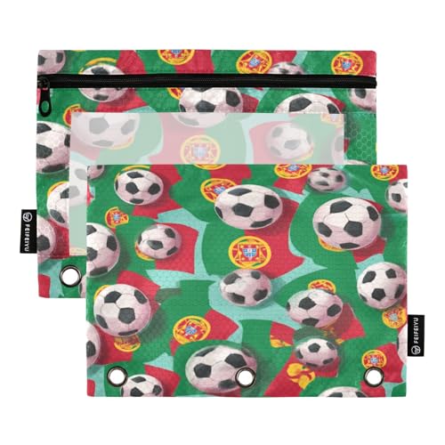 Pencil Pouch for 3 Ring Binder Portugal Flags Soccer Balls Binder Pencil Pouches Clear Window Zipper Pencil Case 2 Pack for Office School College Supplies - color: Portugal Flags Soccer Balls