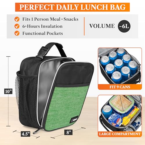 opux Insulated Lunch Bag for Kids Boys Girls, Small Compact Lunch Box with Wide Opening & Mesh Pockets, Reusable Lunch Pail for School, Work, Adults, Men, Women, Heather Green - color: Heather Green