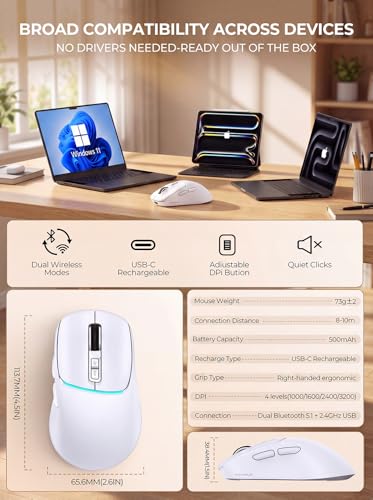 RAPIQUE Wireless Mouse for Laptop, Dual Bluetooth & 2.4G, Multi-Device for 3 Devices, USB-C Rechargeable, Quiet Click, 4 DPI Levels up to 3200, Ergonomic Right-Hand Mouse for MacBook, PC - White - color: White