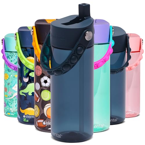 Elemental Water Bottles for Kids - Splash Kids Water Bottle for School with Pop-it Handle - BPA Free Tritan Plastic Water Bottle with Straw Leak Proof when Spout is Closed - Navy Blue - 18oz - color: Navy Blue