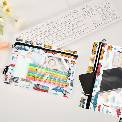 School Bus Car Pencil Pouch for 3 Ring Binder, 2 PCS Binder Pencil Pouch with Zipper, Clear Window Zipper Pencil Case Pencil Bags for Office Supplies - color: School Bus