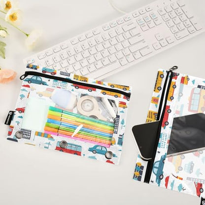 School Bus Car Pencil Pouch for 3 Ring Binder, 2 PCS Binder Pencil Pouch with Zipper, Clear Window Zipper Pencil Case Pencil Bags for Office Supplies - color: School Bus