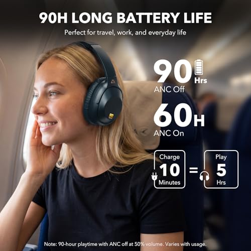 Bluetooth 6.0 Active Noise Cancelling Headphones for Airplane Travel, LDAC Hi-Res Audio, 90H Playtime Wired and Wireless ANC Headphones, Over Ear Headset for Home Office, Custom EQ via APP, Blue - color: Blue