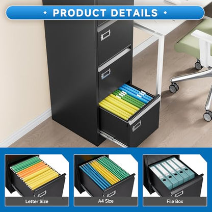BYNSOE 4 Drawer File Cabinet with Lock Metal Vertical File Cabinet Office Home Vertical File Cabinet for A4 Legal/Letter Size Narrow File Cabinet Locked,Assembly Required (Black, 4 Drawers- Vertical) - color: Black, size: 4 Drawers
