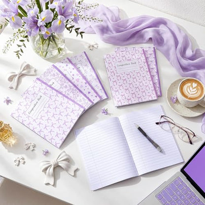 AmazingSpark 6 Pack Lefty Preppy Notebook Cute Bow Coquette Journal 7" x 9" College Wide Ruled 110 Pages Left Handed Aesthetic School Supplies Gifts for Teens Girls Women(Composition,Purple Bow) - color: Purple Bow, style: Composition