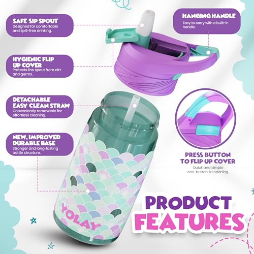 YOLAY 15oz Kids Water Bottle For School Boys and Girls, Durable Toddler Water Bottle with Straw Lid Leak-Proof, Spill Proof, Easy Clean and Dishwasher Safe with Re-Usable and BPA Free - Scallop - color: Scallop