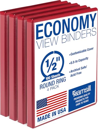 Samsill 0.5 Inch 3 Ring Binder, Economy Round Ring, Clear View Cover, 100 Sheet Capacity - for School, Home, Office - Red, 4 Pack - color: Red, size: 4-Pack, style: 0.5-Inch