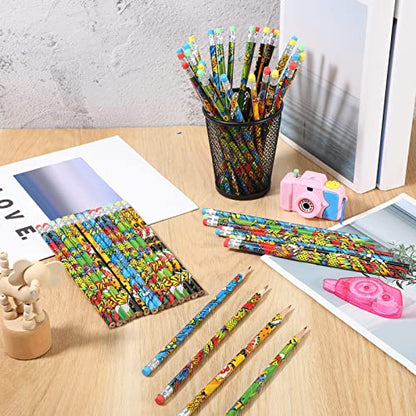 Fainne 72 Pieces Hero Cylinder Wood Pencils with Eraser, Snap Wham Pow Pencil 4 Patterns Assorted Pencil for Rewards, Party Favors, Goodie Bags, Gifts