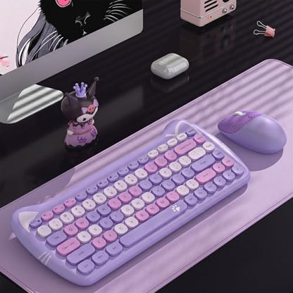 Cute Cat 2.4G USB Wireless Keyboard and Mouse Combo, Silent Keys, Candy Colors, Compatible with Notebook, PC (Purple-84Keys) - color: Purple-84Keys