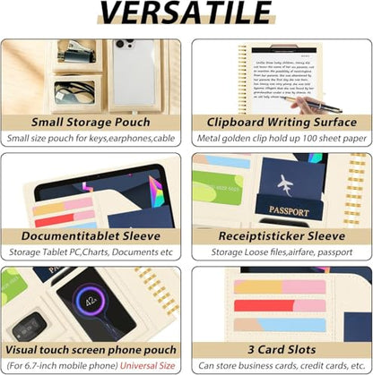 Beige Foldable Spiral Clipboard Folio with Storage Zipper Pouch, 5 Plastic Folders with Pockets,Refillable Lined Notepad (8.5" x 11"), Hardcover Project Organizer with 39 Stickers - color: Beige