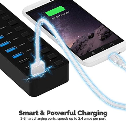 SABRENT 10-Port USB 3.0 Hub, Individual Power Switches and LEDs, 3 Smart Charging Ports, 60W Power Adapter, for PC, Mac, Xbox, PS5, Laptop, Desktop, USB Devices (HB-B7C3) - size: 10-Port - 7 USB 3.0 + 3 Charging