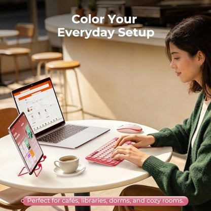 seenda Bluetooth Wireless Keyboard and Mouse Combo, COE203 Quiet Round Keycaps, 3-Device Multi-Connection, Bluetooth & 2.4G USB Receiver, Wide Compatibility with iPad/Tablet/Laptop/Mac/Windows, Pink - color: Pink