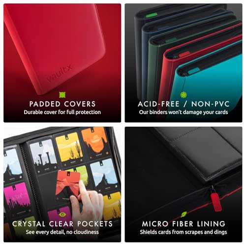Vault X 9 Pocket Zip Trading Card Binder 360 Cards Exo-Tec (Red) | Holds 360 standard-size TCG cards in 20 side-loading 9-pocket pages. Padded, water-resistant Exo-Tec cover. - color: Red, size: 6.8cm x 9.7cm