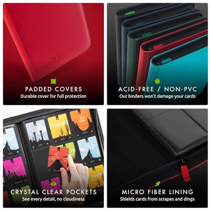 Vault X 9 Pocket Zip Trading Card Binder 360 Cards Exo-Tec (Red) | Holds 360 standard-size TCG cards in 20 side-loading 9-pocket pages. Padded, water-resistant Exo-Tec cover. - color: Red, size: 6.8cm x 9.7cm