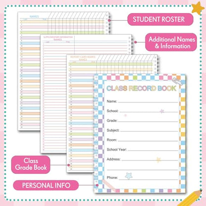Pasimy 2026-2027 Teacher Record Book Grade Book for Teacher Classroom Spiral Bound Class Planner Double Sided Office Favors Supplies for Classroom Attendance Decoration (Pastel Checkered) - style: Pastel Checkered