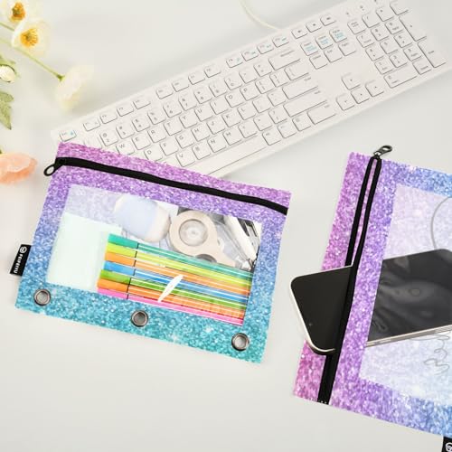 Personalized Pencil Pouch for 3 Ring Binder Glitter Pink Turquoise Purple Custom Pencil Pouches Case Binder Cosmetic Bag 2 Pack for Office School College Supplies - color: Pink Turquoise Purple