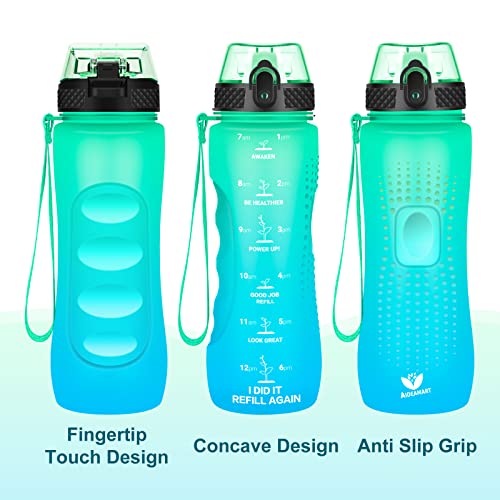 24 OZ Motivational Kids Water Bottle With Time Marker,Straw Lid,Leak Proof, Tritan BPA Free Sports Water Bottle Green-Blue(1 Lid) - color: Green Blue