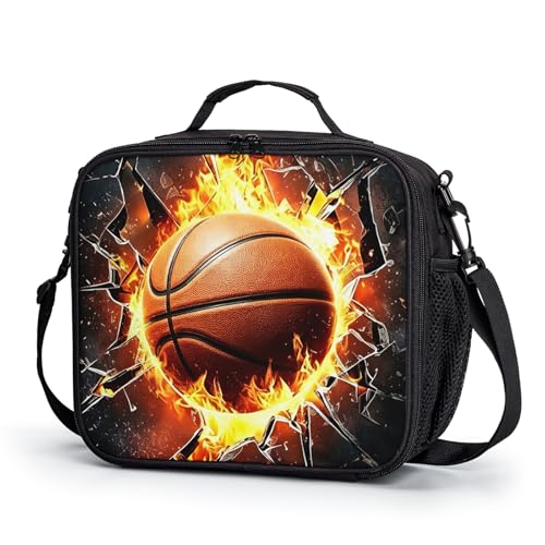 Fire Basketball Lunch Box for Boys Girls Black Lunch Bag with Shoulder Strap for Kids Teens Durable Large Capacity Insulated Lunchbox Thermal Meal Bag for School Picnic - color: A-S-basketball